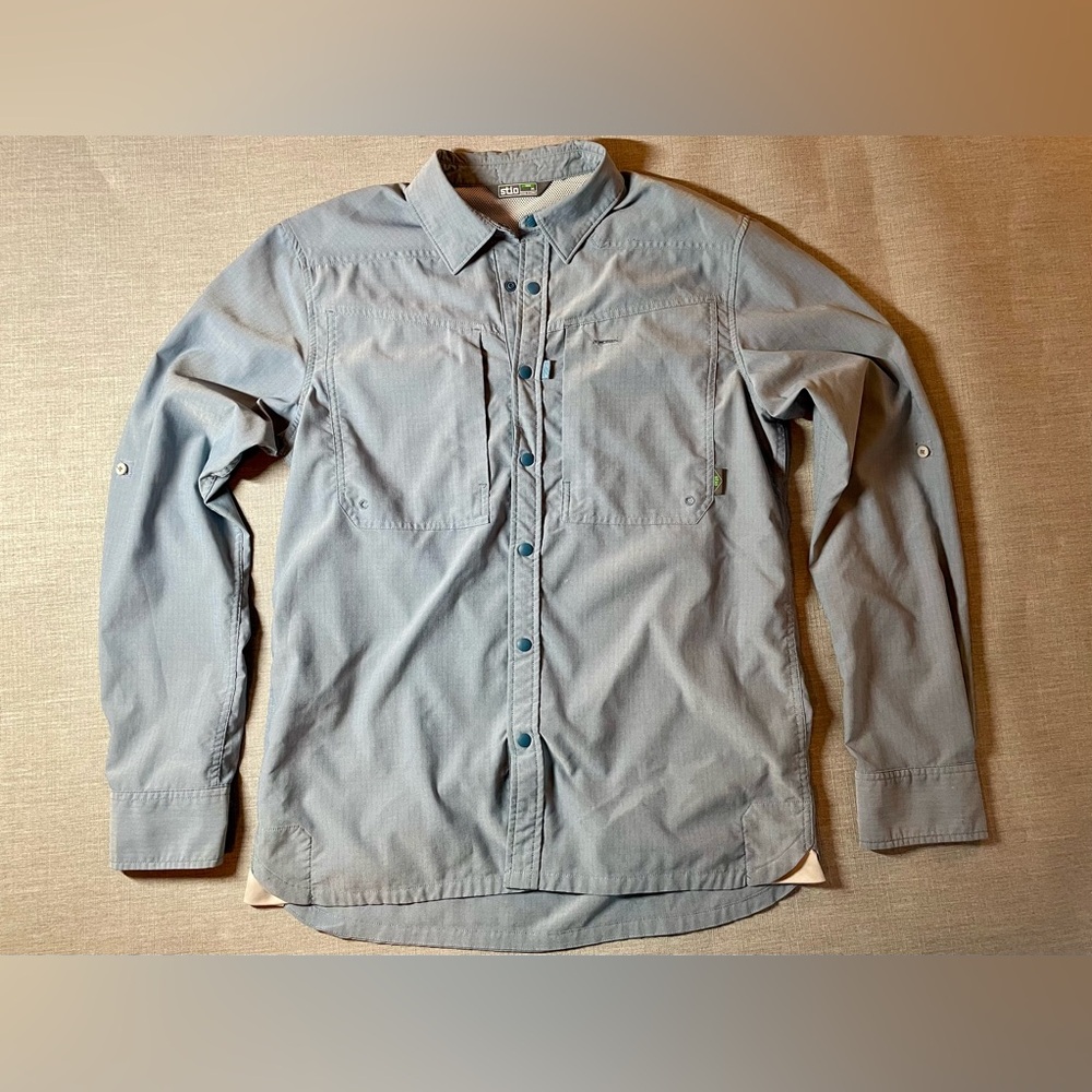 Stio CFS Fishing Shirt Men’s Medium Gray/blue Outdoor UPF Snap Button-Up Casual